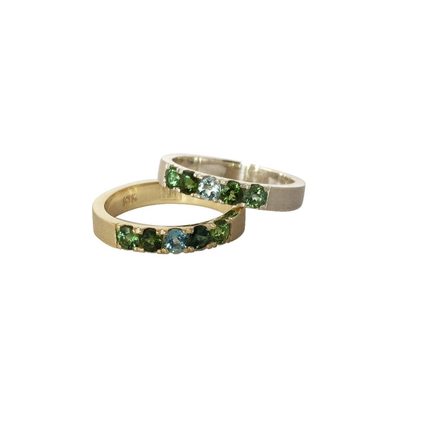 Big Sur Rings in 10k gold and Sterling Silver with Aqua Marine & Tourmalines.
